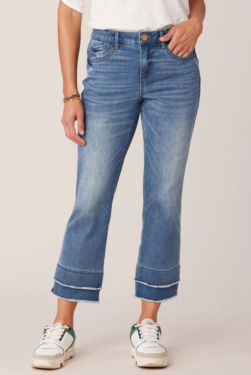 Dbl layer fray hem jeans and tennis shoes