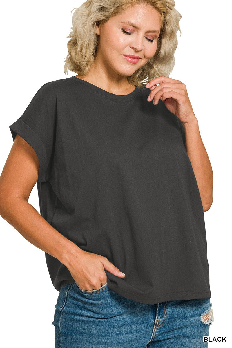 Woman wearing a black round neck t-shirt