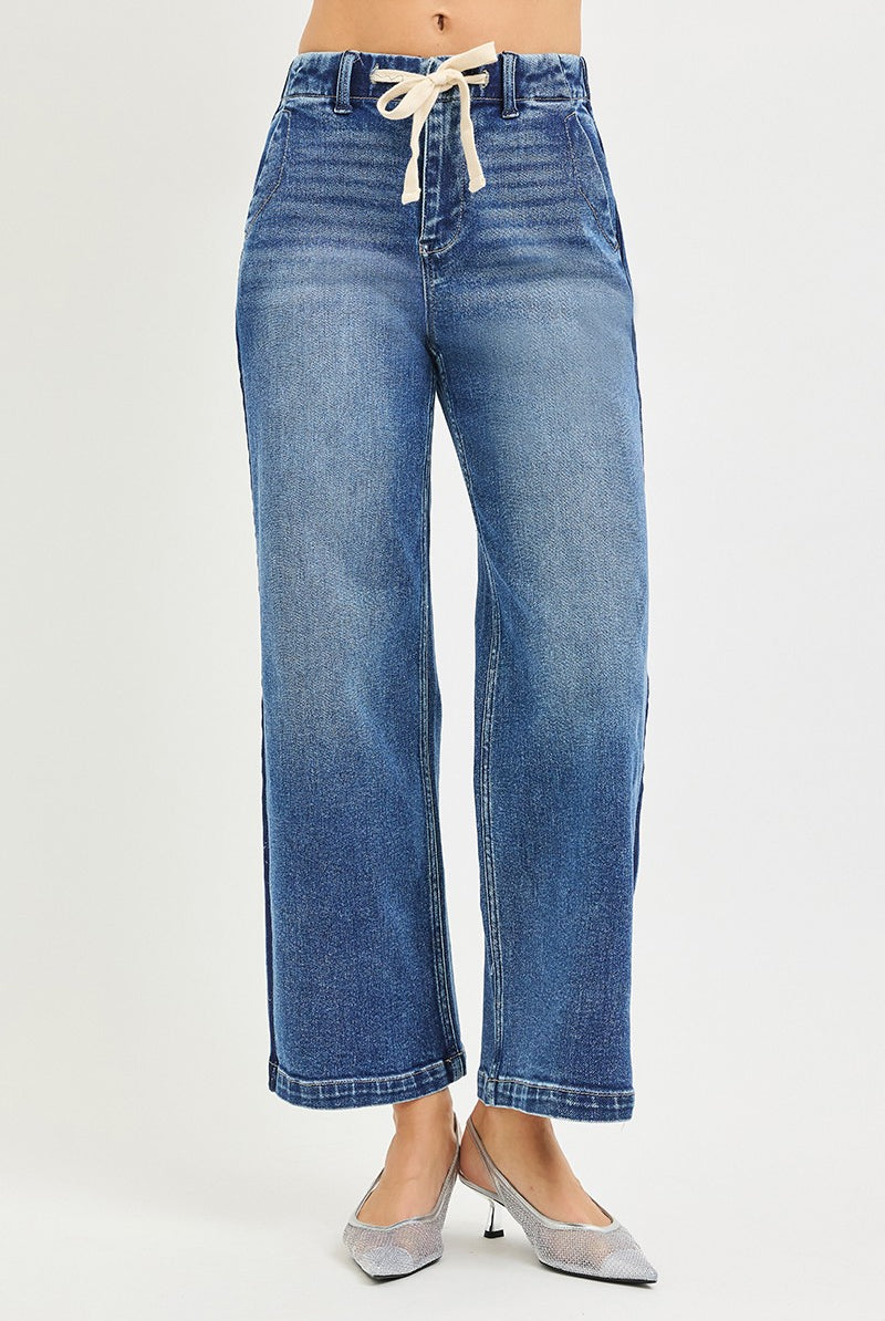 Blue jeans with a tie waist