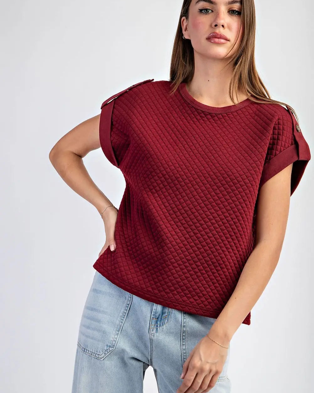 Textured maroon shirt with light jeans