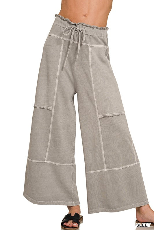 Gray lounge pants with expose seams