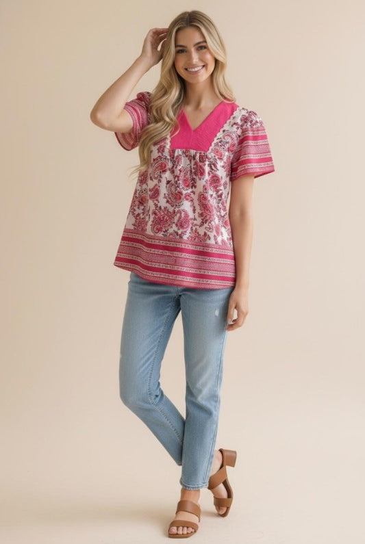 Model wearing bohemian top and jeans