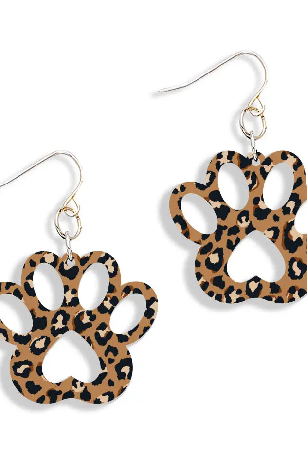 Leopard paw print earrings on white background
