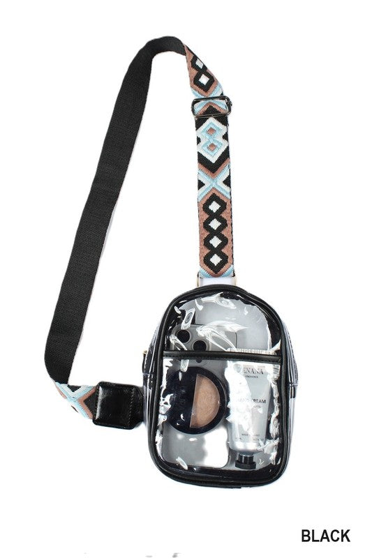 Clear waist bag with black strap and geometric pattern on a white background