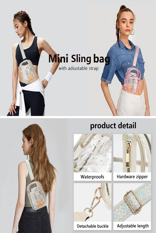 A collage showing a clear mini sling bag worn by models in different outfits, with text reading 'Mini Sling bag with adjustable strap' and product detail close-ups highlighting waterproof material, hardware zipper, detachable buckle, and adjustable length.