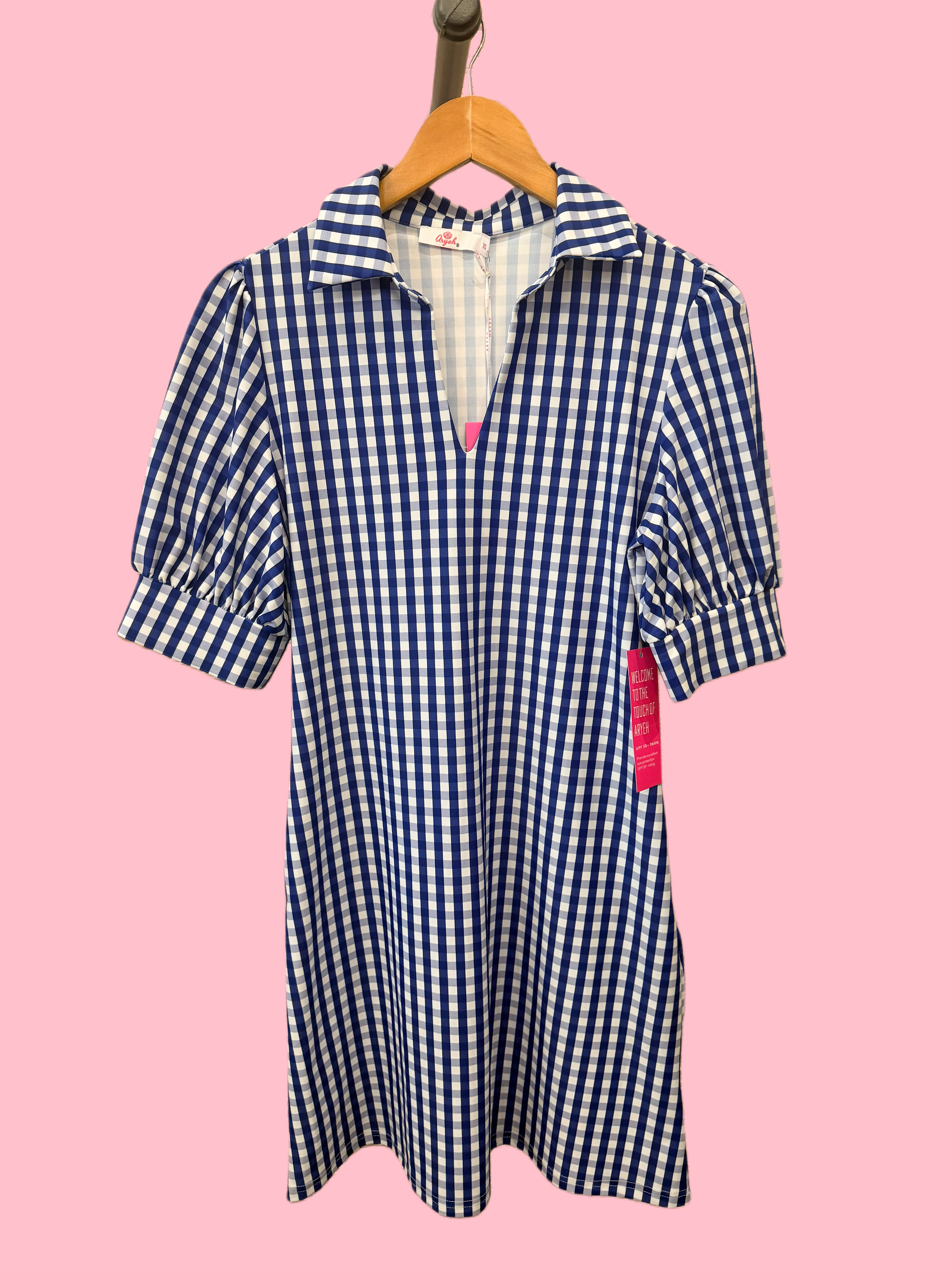 Blue and white checkered dress