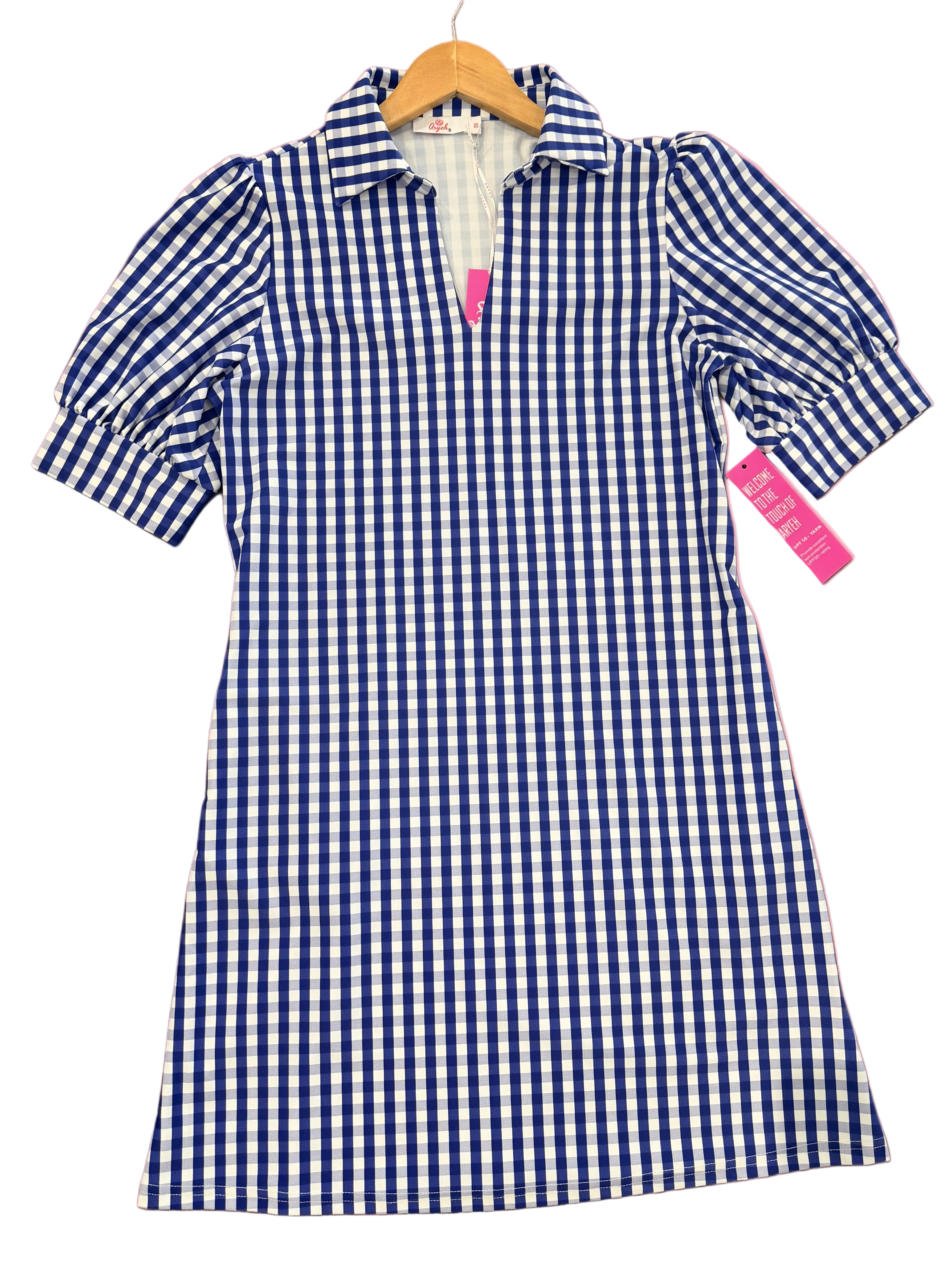 Blue and white checkered dress on a hanger