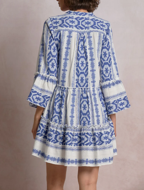 Blue and white patterned dress on a plain background