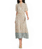 Woman wearing a beige floral dress 