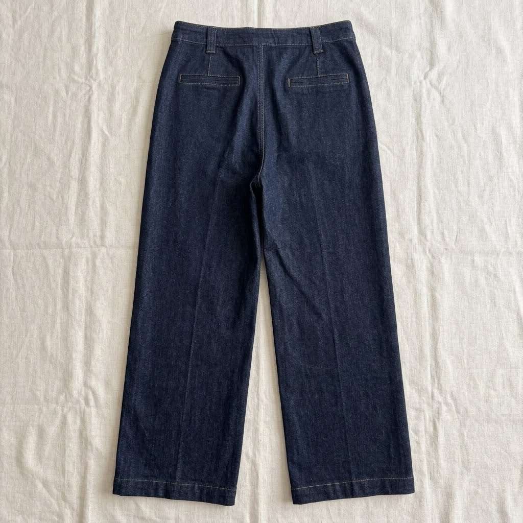 A pair of dark blue denim cropped pants shown from the back, laid flat on a wrinkled off-white fabric background.