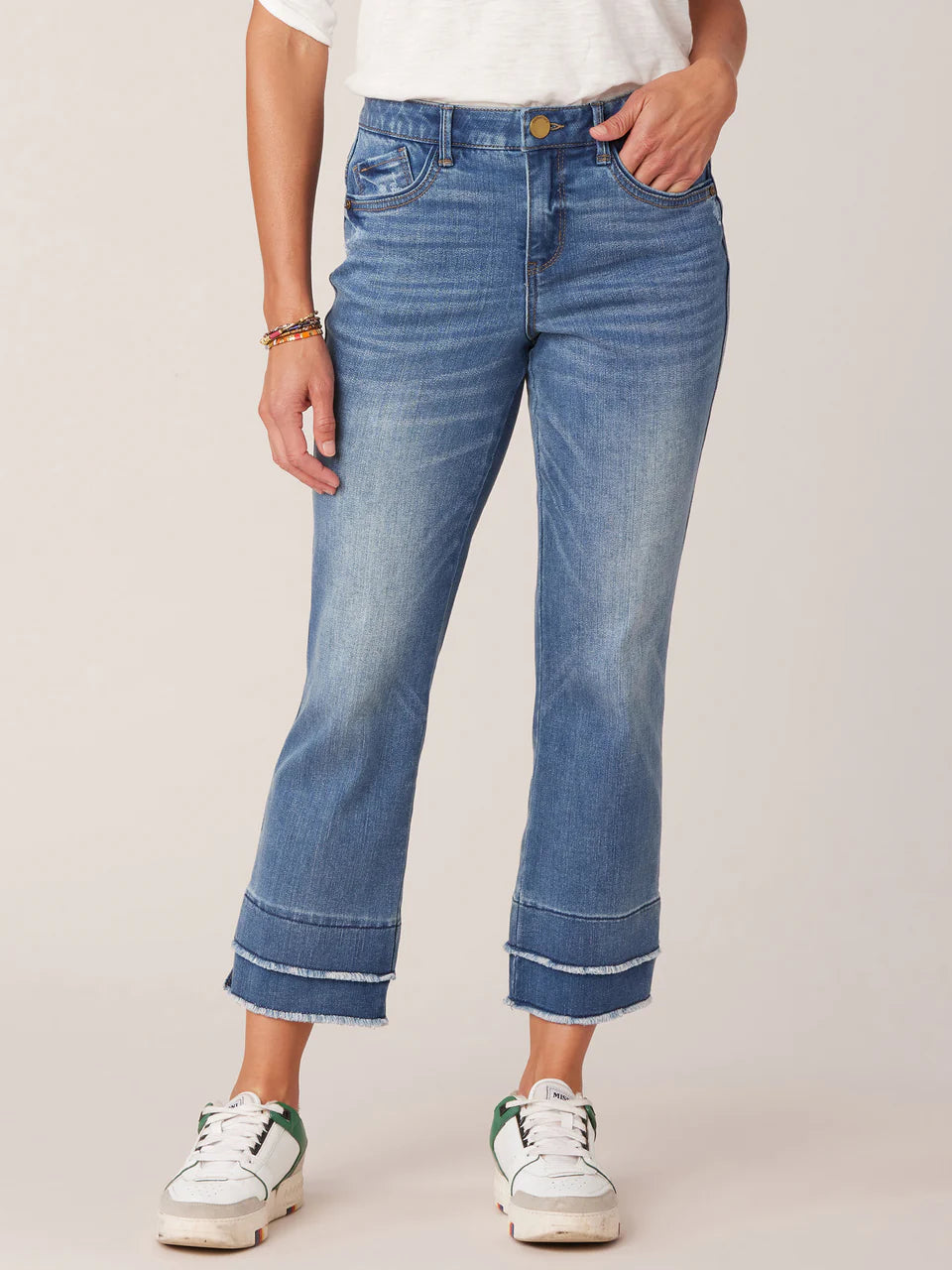 Dbl layer fray hem jeans and tennis shoes 