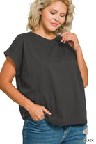 Woman wearing a black round neck  t-shirt 