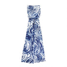 A sleeveless wrap maxi dress with a blue and white tie-dye swirl pattern, featuring a tie waist and a draped front, shown against a plain white background.