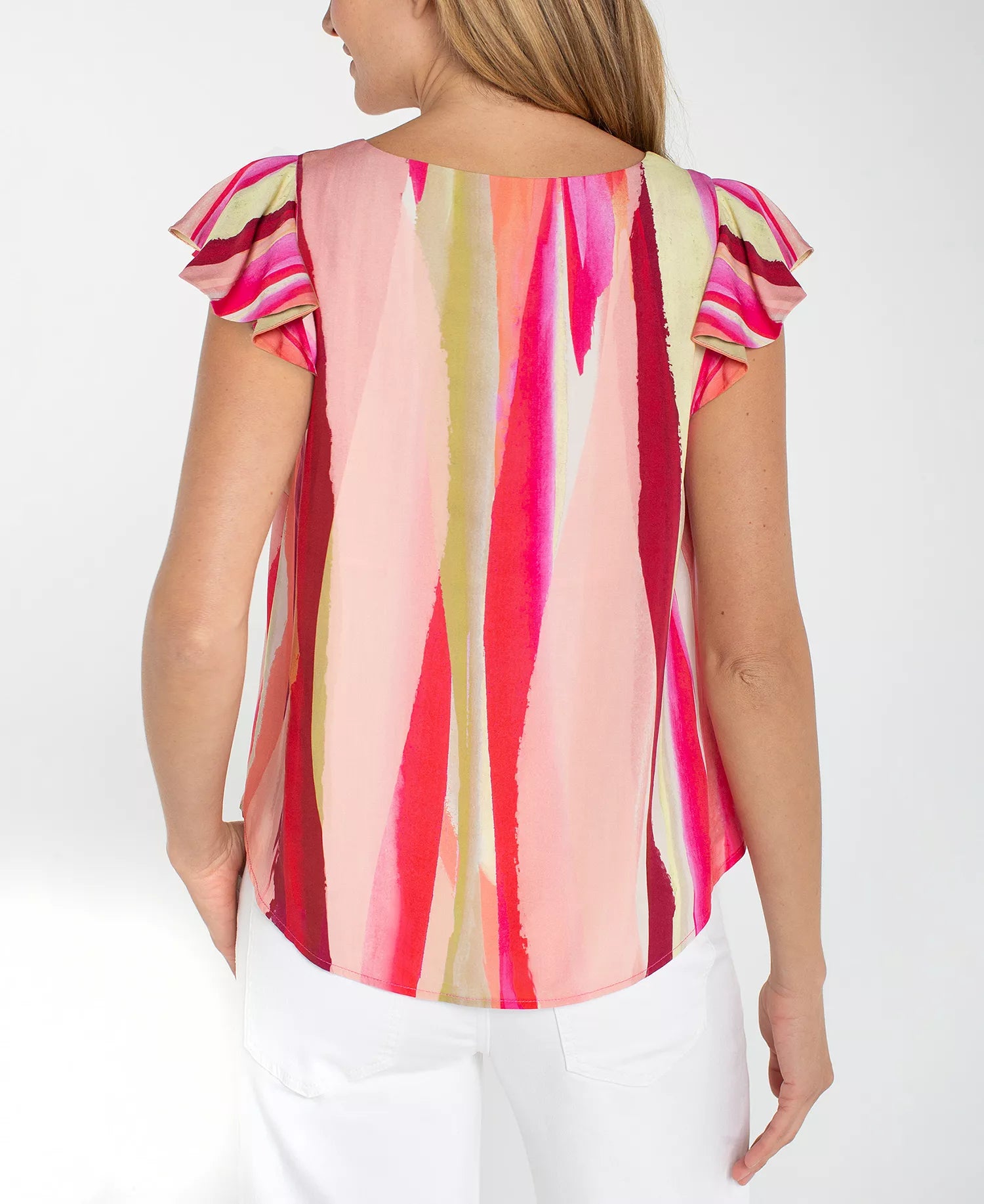 Woman wearing a colorful striped shirt 