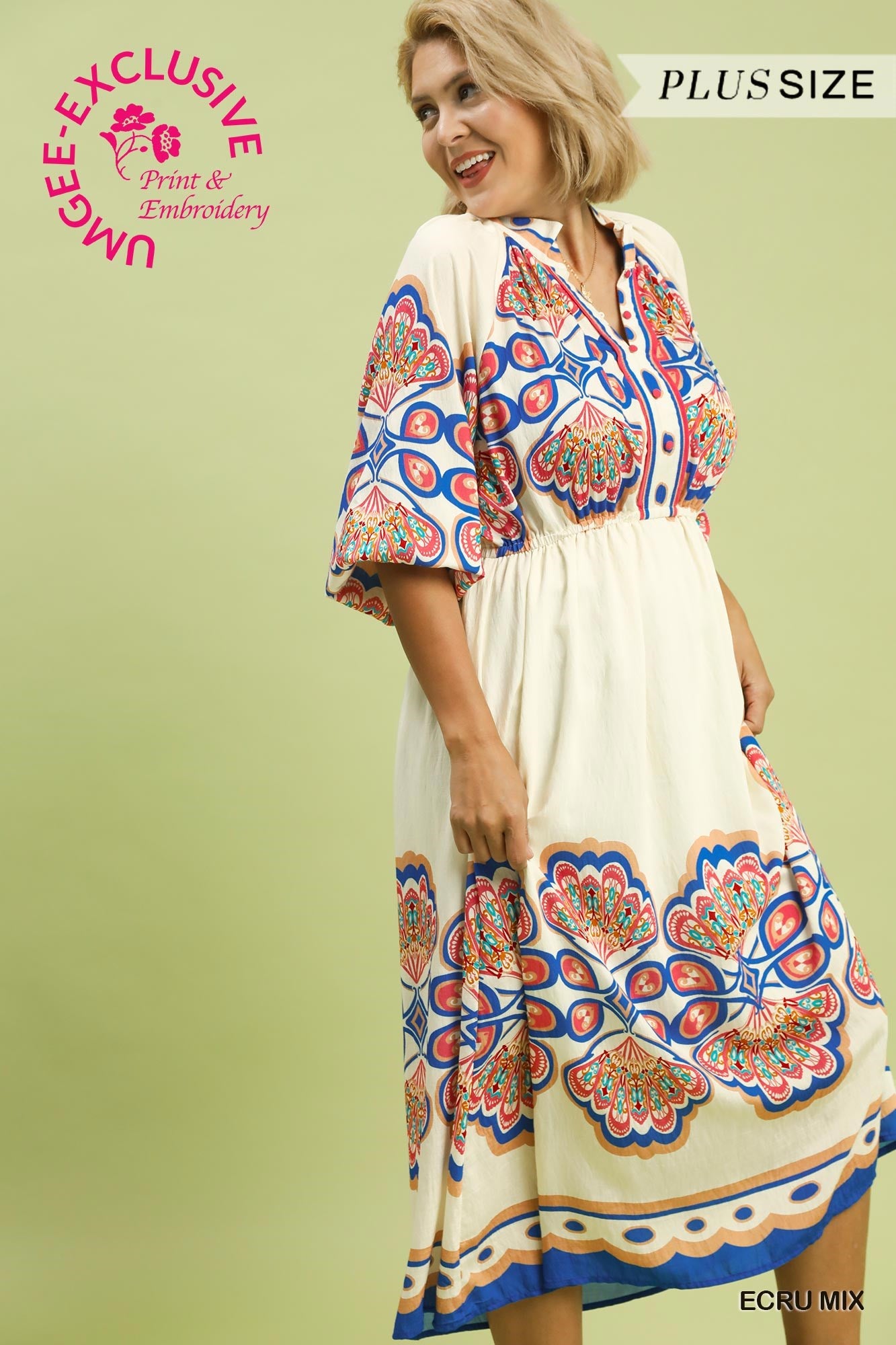 Woman wearing a plus-size dress with colorful floral patterns