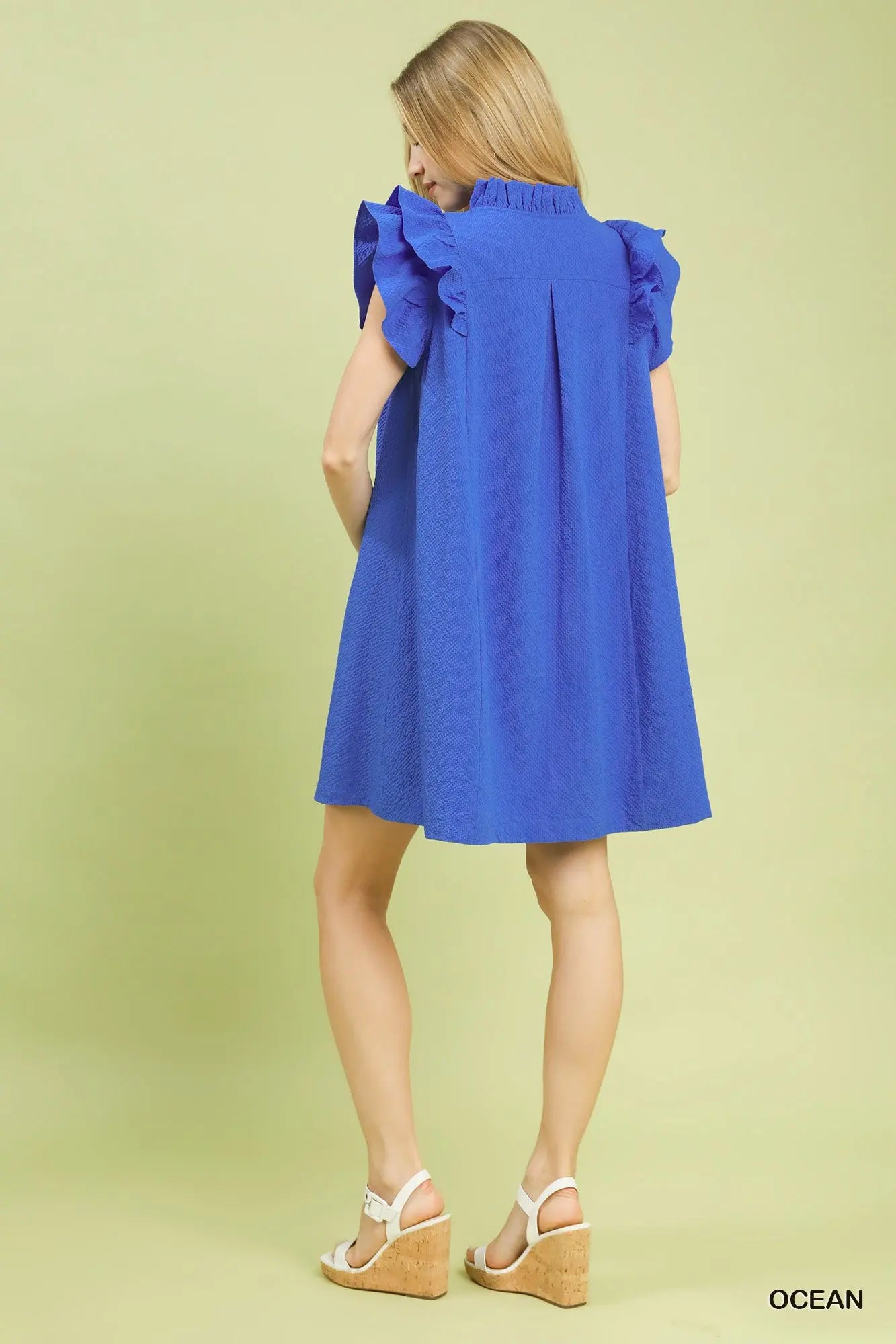 Back of woman wearing a blue dress with ruffled sleeves 