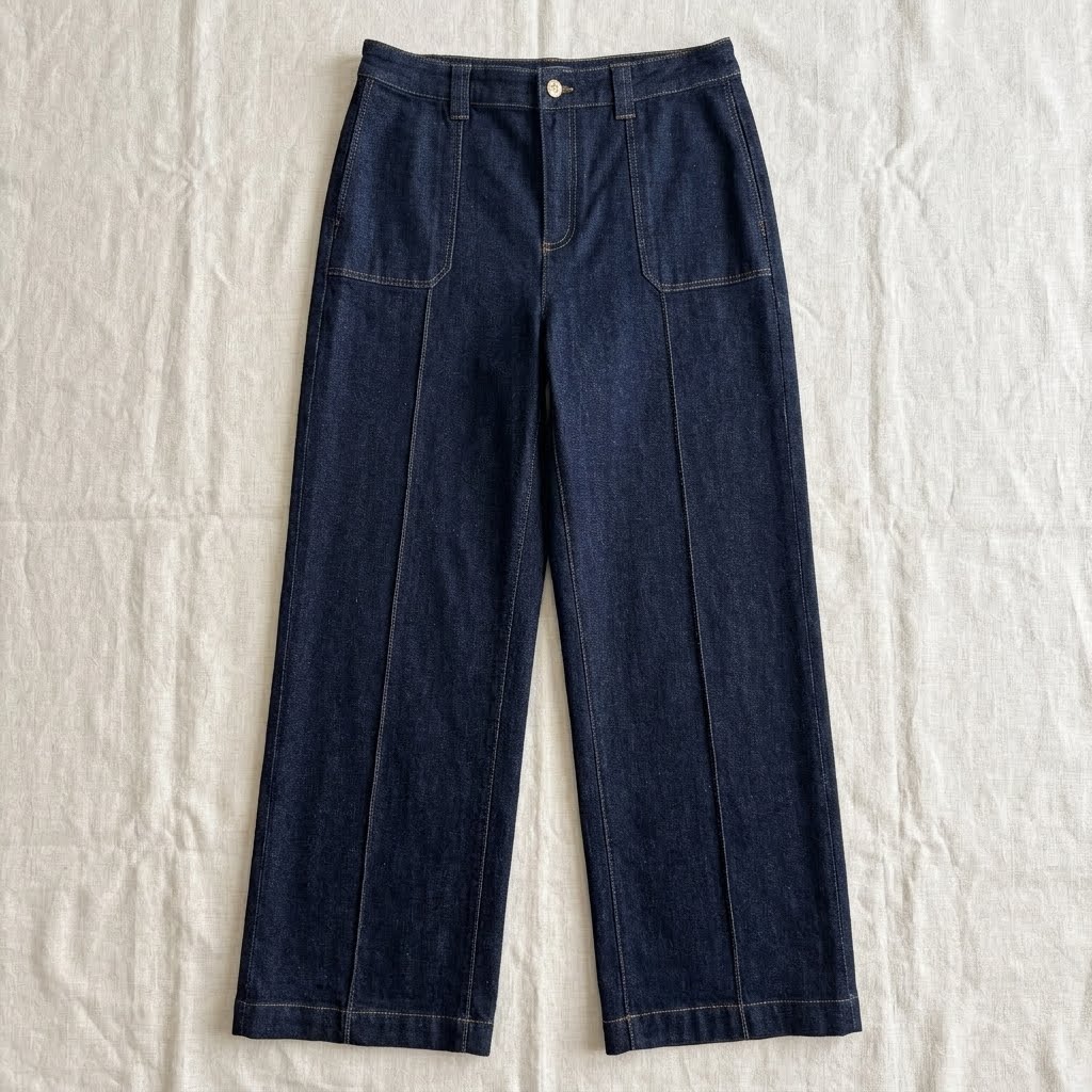 Dark indigo blue wide-leg cropped pants with front pleats and contrast stitching, laid flat on a white fabric background.