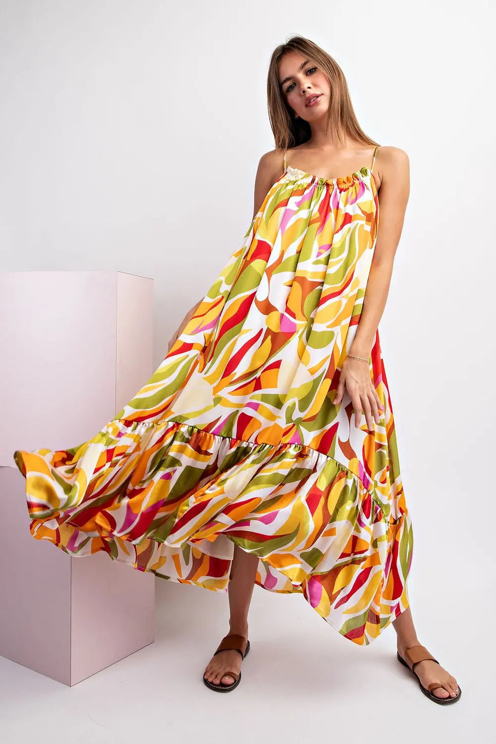 Woman wearing a colorful printed dress