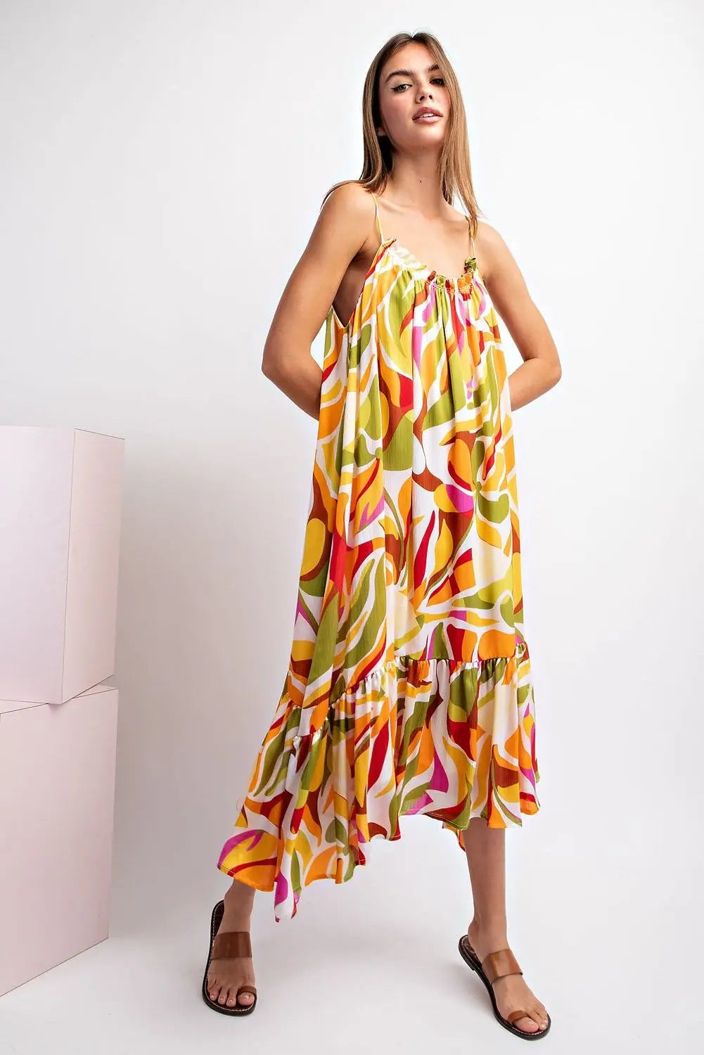 Woman wearing a colorful printed dress