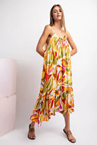 Woman wearing a colorful printed dress
