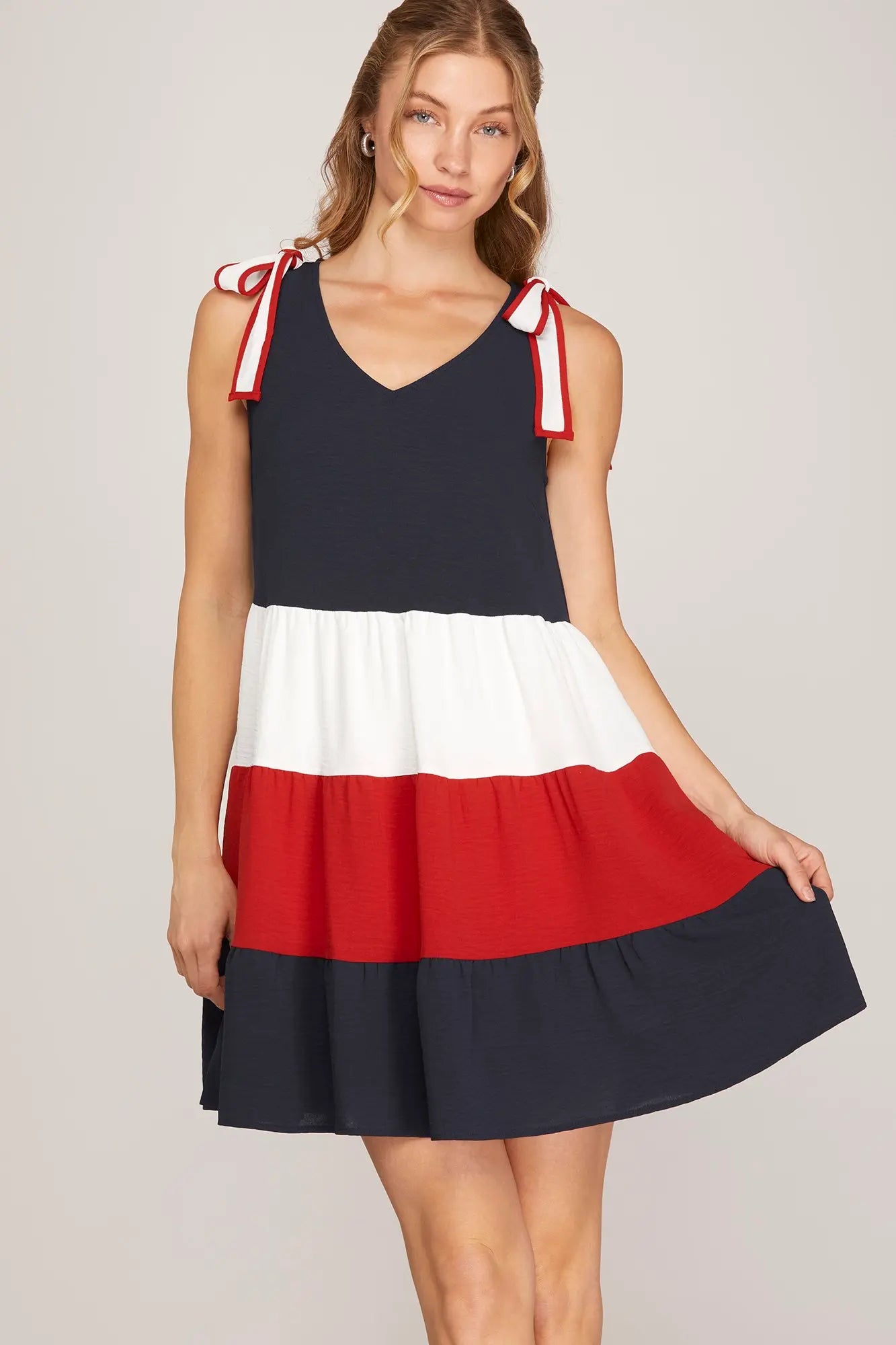 Woman wearing a dress with a color-block design 