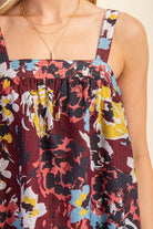Close-up view of sleeveless floral top