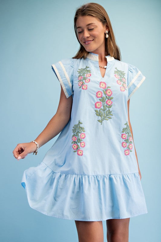 Woman wearing a light blue dress with floral embroidery against a light blue background