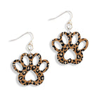 Leopard paw print earrings on white background 