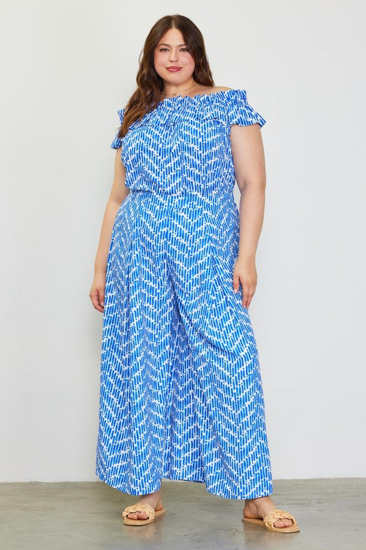 Model wearing blue printed outfit 