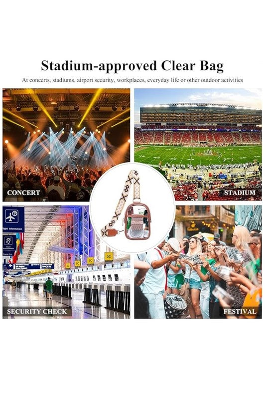 A product listing graphic for a stadium-approved clear bag. The image features a collage of various event scenes (concert, stadium, security check, festival) demonstrating the use of the clear bag, alongside a central circular inset showing the clear bag with its brown leather strap and zipper closure.