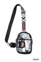 Clear waist bag with black strap and geometric pattern on a white background