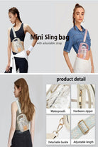A collage showing a clear mini sling bag worn by models in different outfits, with text reading 'Mini Sling bag with adjustable strap' and product detail close-ups highlighting waterproof material, hardware zipper, detachable buckle, and adjustable length.