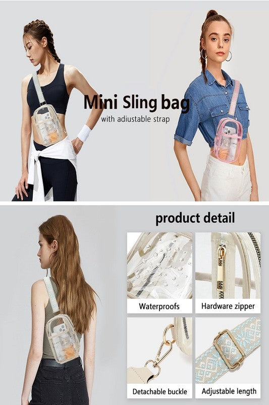 A collage showing a clear mini sling bag worn by models in different outfits, with text reading 'Mini Sling bag with adjustable strap' and product detail close-ups highlighting waterproof material, hardware zipper, detachable buckle, and adjustable length.